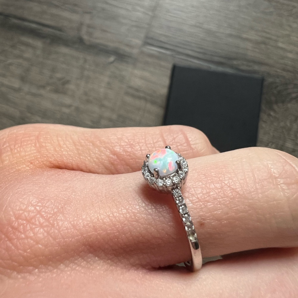 Zales Sterling Silver Opal Halo Ring White Sapphire Lab Opal Bridal - Picture 8 of 14